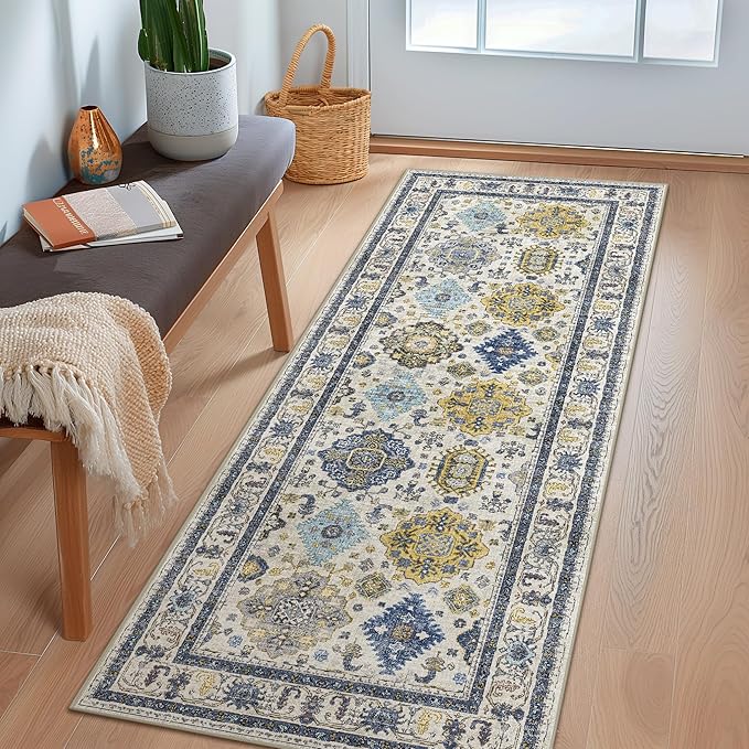 2x5 Runner Rug Non Slip, Machine Washable Rug Runners for Hallways, Vintage Distressed Print Kitchen Runner, Low Pile Lightweight Carpet Runner for Entryway, Laundry, Bedroom, Bathroom Ivory Blue