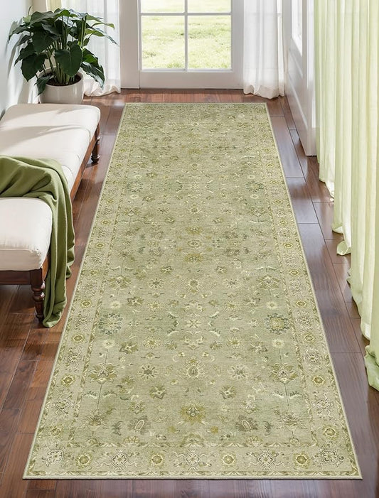 2.6x8 Washable Runner Rug for Hallways, Floral Vintage Runner Non Slip, Soft Low Pile Long Rugs, Print Distressed Green Carpet Runners for Kitchen Bedroom Entryway Living Room