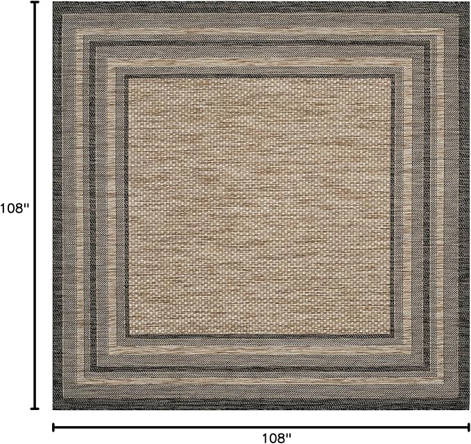SAFAVIEH Courtyard Collection 9' Square Natural / Black CY8475 Indoor-Outdoor Waterproof Easy-Cleaning Patio Backyard Mudroom Area-Rug