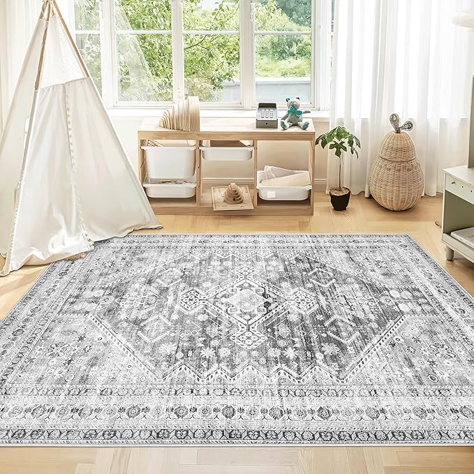 Zomfy Area Rug Vintage 4x6 Rug: Washable Indoor Rug, Traditional Oriental Medallion Rug, Non Slip Carpet for Living Room Bedroom Dining Table Kitchen(Grey, 4'x6')