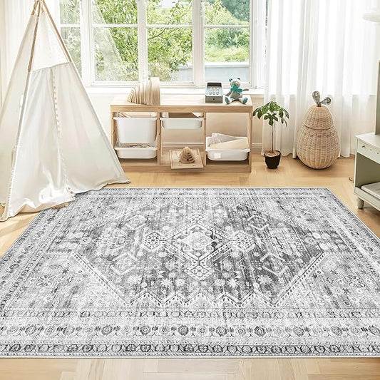 Zomfy Area Rug Vintage 4x6 Rug: Washable Indoor Rug, Traditional Oriental Medallion Rug, Non Slip Carpet for Living Room Bedroom Dining Table Kitchen(Grey, 4'x6')