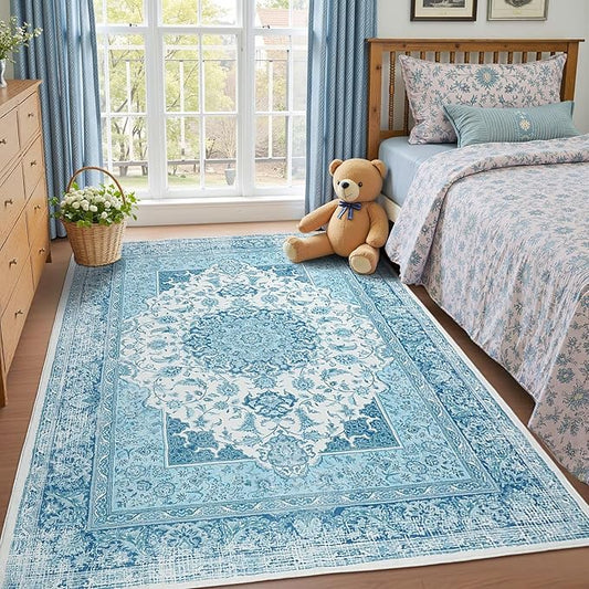 5x7 Area Rug for Bedroom, Machine Washable Rugs with Non-Slip Backing for Living Room, Soft Vintage Carpet Kitchen Laundry Kids Room Decor, Blue & White