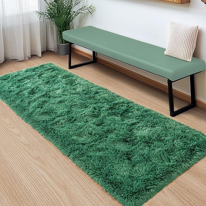 Small Runner Rugs for Bedroom Hallways, 2x4 Runners for Hallways Fluffy Shag Throw Area Rug Non Slip for Bedside Dorm, Shag Rugs for Girls Boys Bedroom, Floor Carpet Runner for Kids Dorm, Dark Green