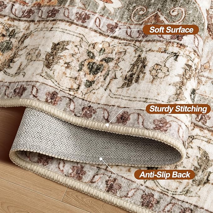 2.6x8 Washable Runner Rug for Hallways, Non Slip Vintage Runner, Soft Low Pile Long Rug Runner, Print Distressed Turmeric Carpet Runners for Kitchen Bedroom Entryway Bathroom Living Room
