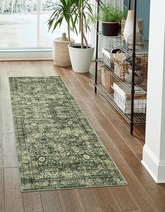 Morebes Vintage Washable Kitchen Rugs Non Slip,2x6 Runners for Hallways,Floral Boho Bathroom Runner Rug,Non Shedding Soft Throw Carpet for Laundry Floor Indoor, Grayish Green