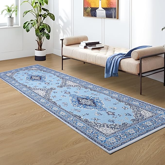 Tepook 2x6 Vintage Runner Rug - Low Pile Washable Non-Slip Carpet for Hallway, Kitchen, Bedroom, Entryway, Laundry Room, Bathroom - Indoor Throw Rug in Blue