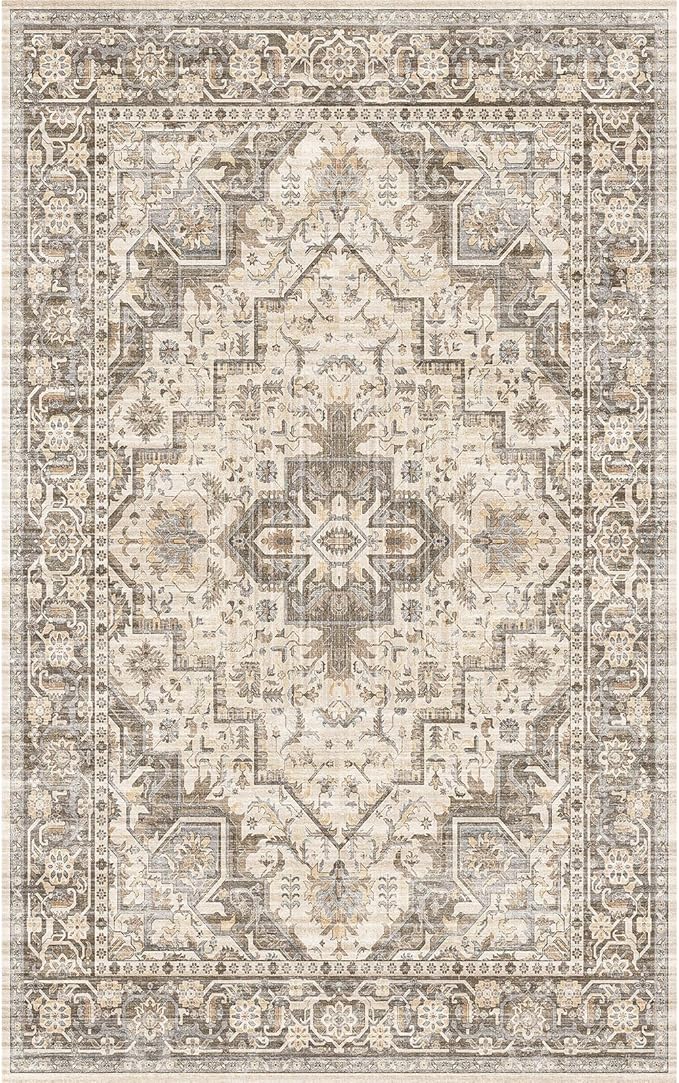 Vintage Washable Area Rug - Brown Beige, 5x7, for Living Room, Bedroom, Dining Room