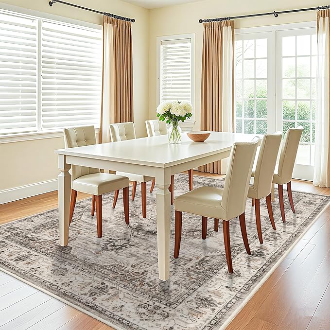 Washable Rugs 7x9 Area Rug：Large Rugs for Living Room - Oriential Distressed Printed Floral Carpet - Non Slip with Rubber Backing Area Rug 7'x9' Beige