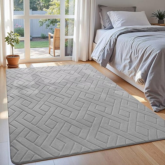 Ultra Soft Grey Area Rug for Bedroom, 4x6 Modern Geometric Shag Rugs with Nonslip Backing for Living Room, Washable Fuzzy Carpet for Cozy Kids Room Nursery