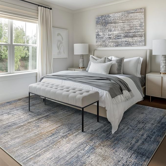 Bavni Washable Rug, Soft Abstract Rugs Non-Slip, Thin Foldable 6x9 Rug, Modern Stain Resistant Area Rug for Living Room, Kitchen, Bedroom, Blue/Light Grey