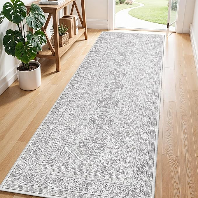 3x8 Runner Rug Kitchen Washable: Oriental Indoor Hallway Runners with Non Slip Backing Floor Mat for Entryway Door Low Pile Thin Carpet for Bedroom Bathroom Living Room Bedside Grey