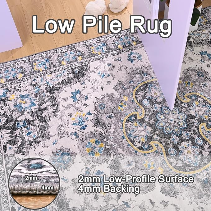 4x6 Area Rugs for Living Room, Foldable Machine Washable Rug, Soft Low Pile Non-Slip Vintage Floral Rug, Carpet for Bedroom, Dining Room, Bedside, Farmhouse, Office, Dorm (Gray, 4'×6')