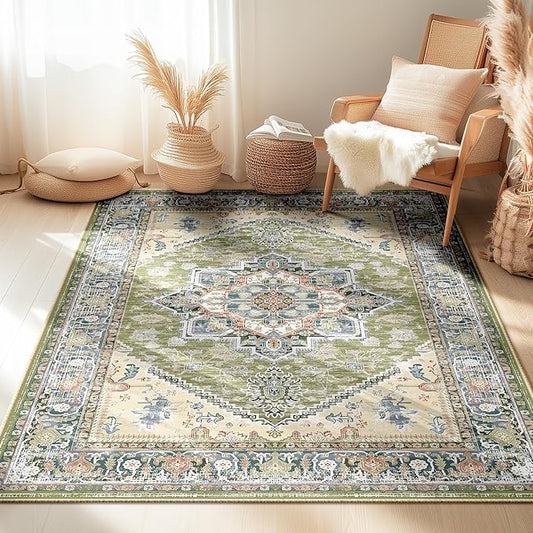 BESTSWEETIE 4x6 Area Rugs for Living Room Washable Non Slip Carpet Low Pile Soft Vintage Print Pattern Rug for Bedroom Dining Room Kitchen Entryway Indoor-Green/Light tan/Blue/Grey