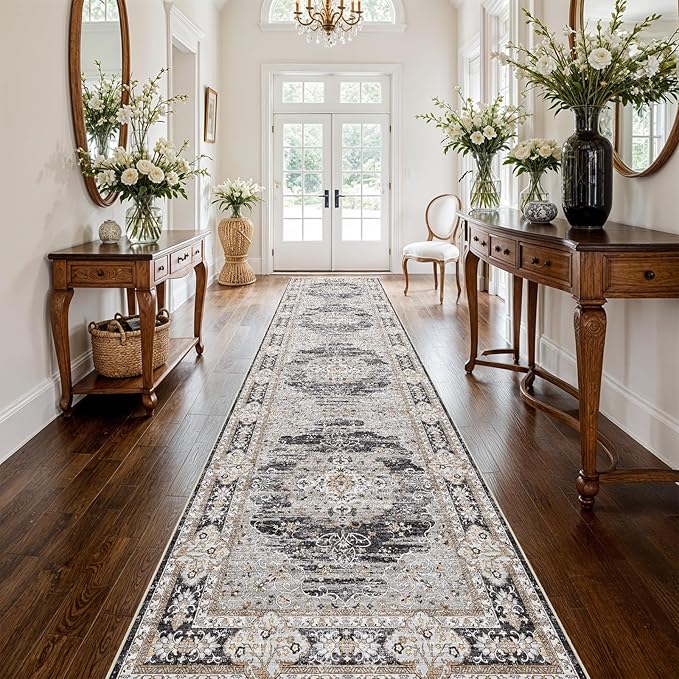 3x16 Runner Rug for Hallway Washable: Non Slip Kitchen Rugs with Rubber Backing Soft Waterproof Mats Stain Resistant Indoor Vintage Carpet Runner for Bedroom Bathroom Laundry Entryway Black/Gray