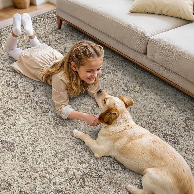 8X10 Area Rugs Machine Washable Rugs for Living Room, Vintage Boho Large Rugs for Bedroom Dining Room, Non Slip Indoor Soft Distressed Lightweight Thin Low Pile Carpet, Tan