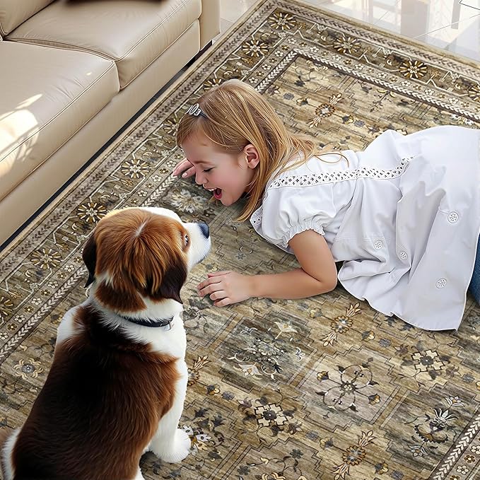 4x6 Area Rug for Bedroom Machine Washable, Non Slip Vintage Floral Kitchen Rugs for Dining Room, Low Pile Indoor Floor Print Carpet for Nursery Farmhouse Home Office Olive/Charcoal