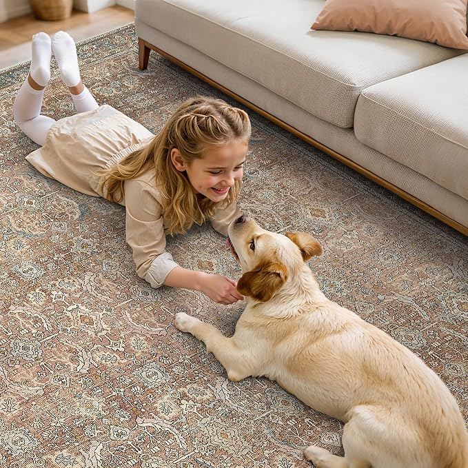 8X10 Area Rugs Machine Washable Rugs for Living Room, Vintage Boho Large Rugs for Bedroom Dining Room, Non Slip Indoor Soft Distressed Lightweight Thin Low Pile Carpet, Cinnamon