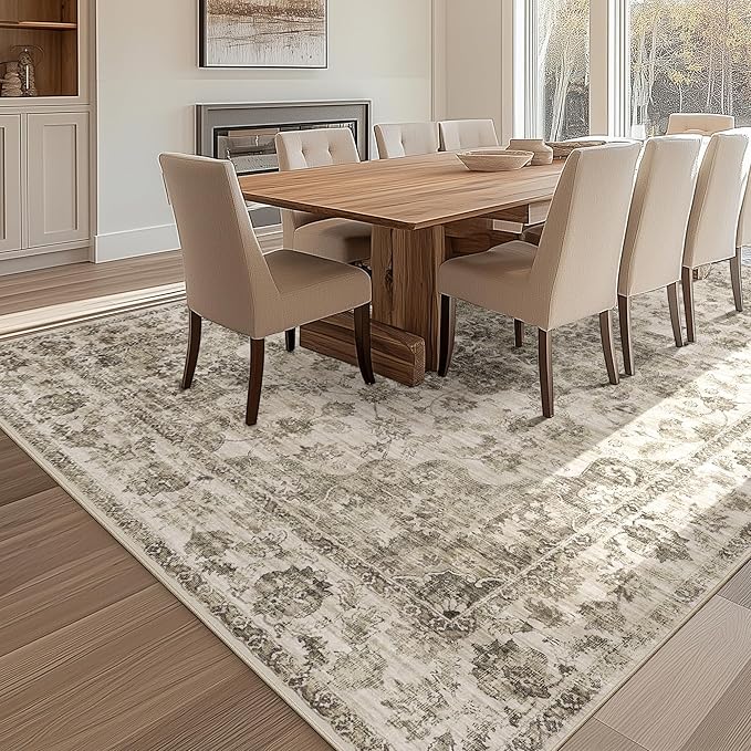 5x7 Washable Neutral Area Rug Taupe Floral Living Room Bedroom Carpet Non-Slip Low Pile Vintage Soft Thin Throw Rug for Dining Room Entryway Dorm Office Kitchen Bathroom