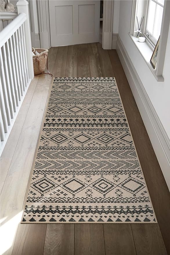 Lahome Boho Easy Jute Runner Rug - 2'6"x8' Long Kitchen Runner Rugs Non Skid Washable Black Hallway Stair Carpet Runner, Southwestern Indoor Outdoor Rug Bathroom Runners for Bedroom Patio Sliding Door
