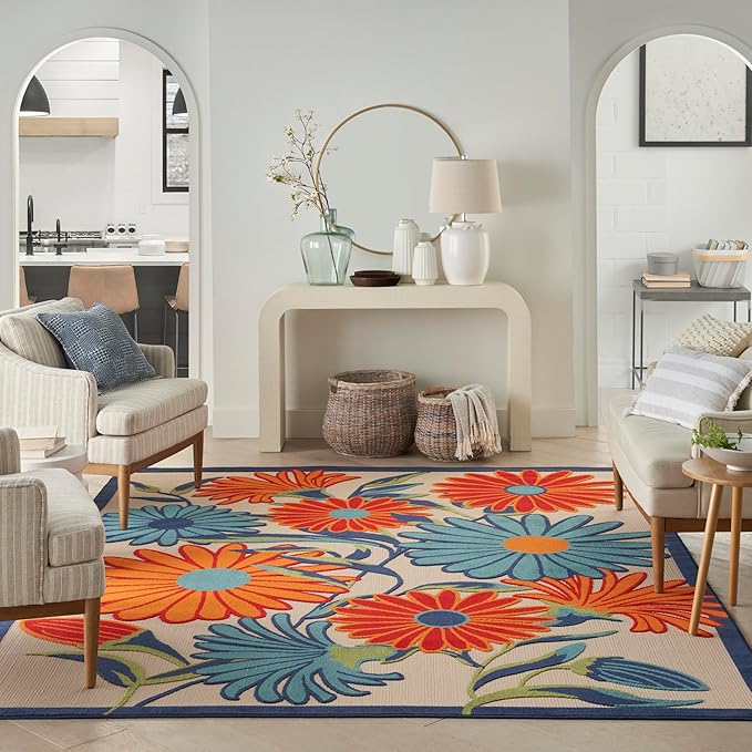 Nourison Aloha Indoor/Outdoor Multicolor 7' x 10' Area Rug, Easy Cleaning, Non Shedding, Bed Room, Living Room, Dining Room, Kitchen (7x10)