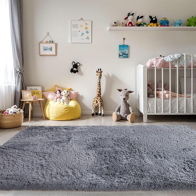 Thick Area Rug Grey Fluffy Shag 3x5 for Bedroom, Ultra Soft Plush Fuzzy Washable Throw Carpet, Modern Non Slip Cozy Furry Shaggy Rug for Living Room Kids Baby Nursery College Dorm