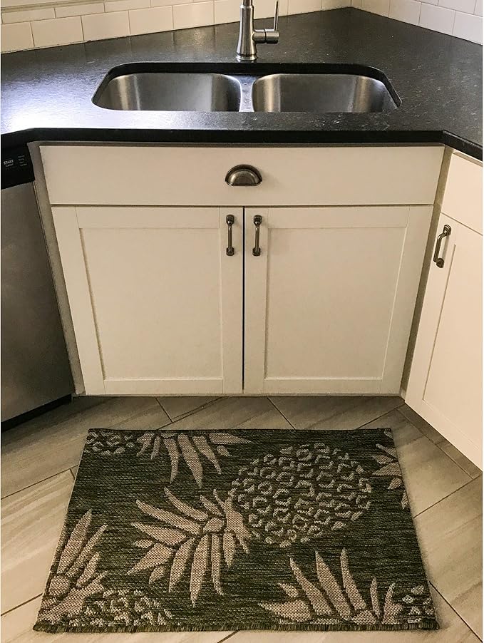 LR Home 2 x 3 Indoor/Outdoor Area Rug for Home Decor | Coastal Pineapples Carpet for Living Room, Bedroom, playroom, Patio, Garden | Modern Farmhouse Rug | Dark Green/Beige