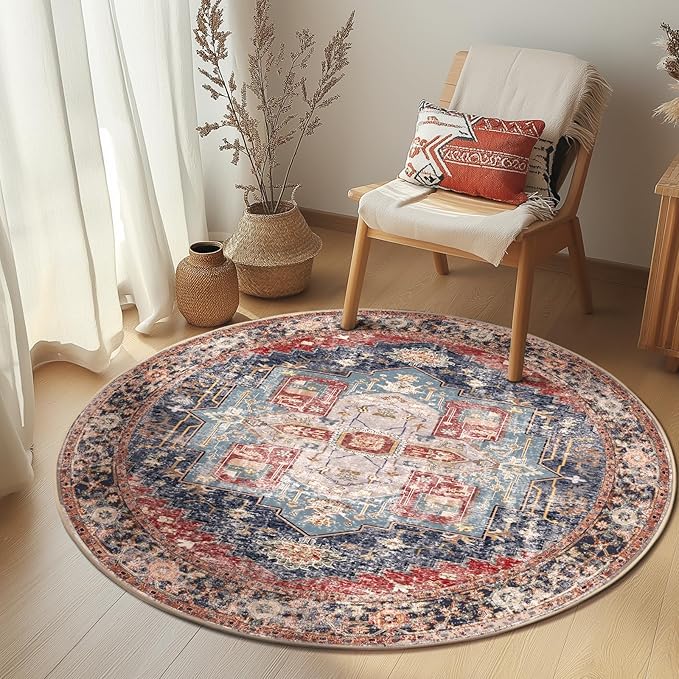 Washable 4ft Area Rugs, Rugs for Living Room, Low-Pile Water&Stain Resistant Carpet Vintage Distressed Printed Non-Slip Carpet for Bedroom Bathroom Kitchen-Dark Red