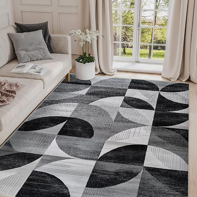 3x5 Area Rugs for Living Room Machine Washable Geometric Boho Rug Non Slip Printed Black and Grey Rug Carpet Friendly Modern Rug for Bathroom Bedroom Dining Room Office