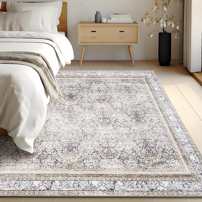 Phantoscope Vintage Collection Area Rug 6'x9' - Washable Rug Boho Rugs Non-Slip for Living Room, Bedroom, Dining Room, Dorm, Indoor Low-Pile Carpet Distressed Accent Rug, Light Brown
