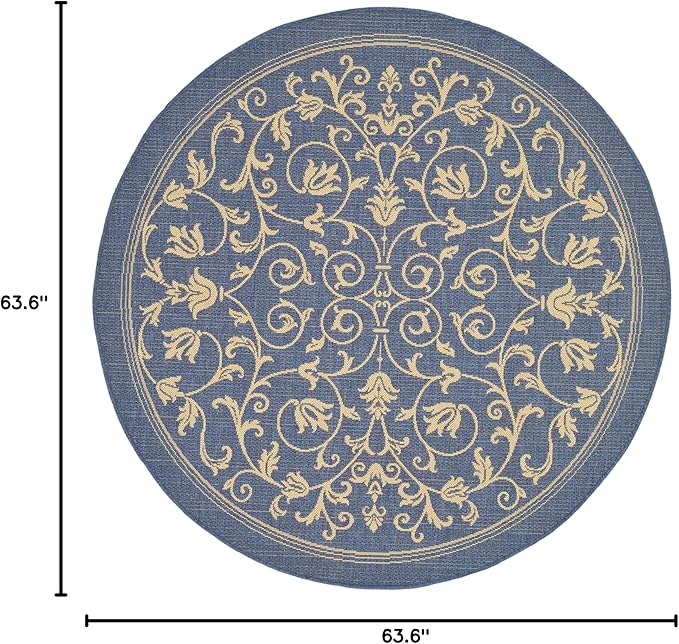SAFAVIEH Courtyard Collection Area Rug - 5'3" Round, Blue & Natural, Scroll Design, Non-Shedding & Easy Care, Indoor/Outdoor & Washable-Ideal for Patio, Backyard, Mudroom (CY2098-3103)