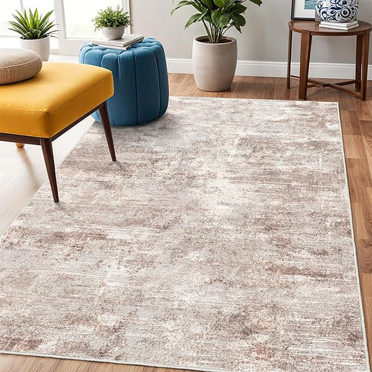 Washable Abstract Area Rug 3X5 - Rugs for Living Room Large Non Slip Indoor Entryway Rubber Backing Carpet Bedroom Kitchen Distressed Stain Resistant Floor Decor Mat Machine Washable 3X5 Brown