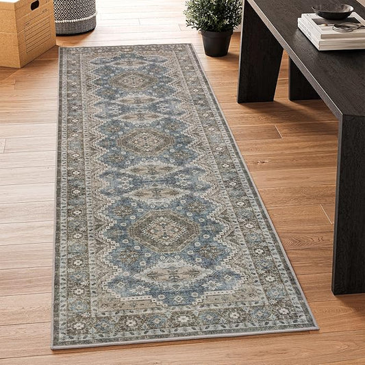 Rugland 2'6x8' Runner Rug - Stain Resistant Entryway Rug, Anti Slip Backing Hallway Runner Rug, Vintage Tribal Area Rugs (TPR07-Green, 2'6x8')