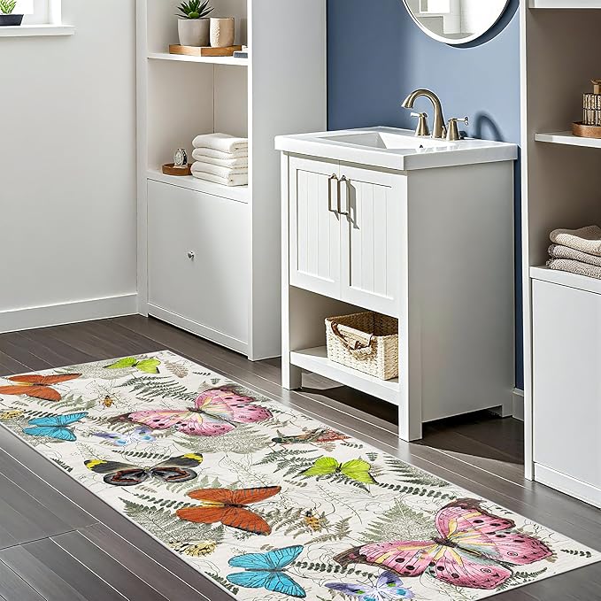 RUUGME Washable 2x5 Runner Rug - Boho Rugs for Living Room Kitchen Stain Resistant Carpet Vintage Tribal Rugs for Bedroom Bathroom with Non Slip Backing Floor Decoration Mat 2x5 Butterfly Beige