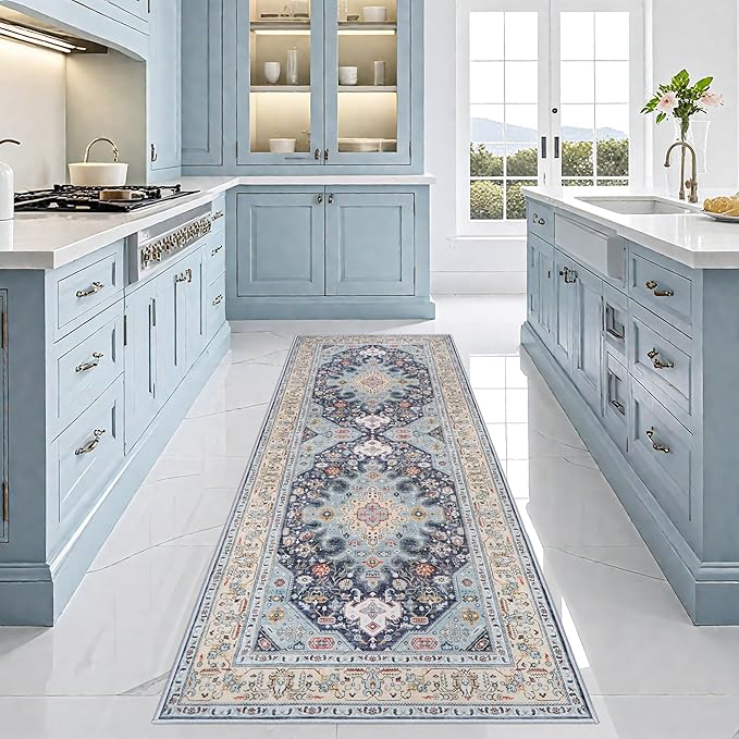 3x8 Runner Rug Kitchen: Hallway Washable Oriental Runners Soft Indoor Neutral Carpet for Entry Bedroom Farmhouse Low Pile Stain Resistant Hall Rugs Long Thin Door Mat - 3x8 Blue/Beige/Multi