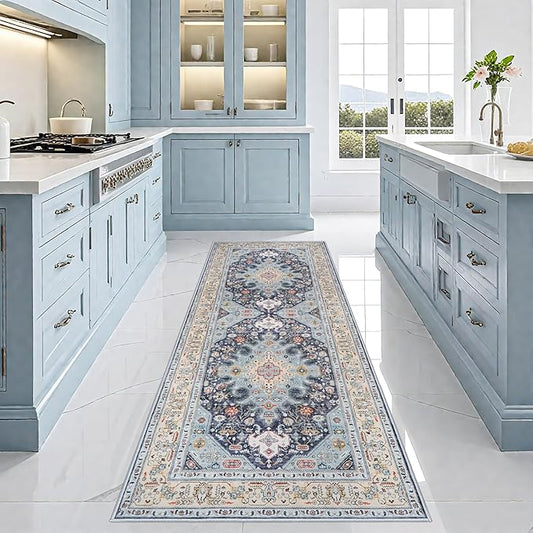 3x8 Runner Rug Kitchen: Hallway Washable Oriental Runners Soft Indoor Neutral Carpet for Entry Bedroom Farmhouse Low Pile Stain Resistant Hall Rugs Long Thin Door Mat - 3x8 Blue/Beige/Multi