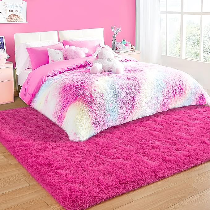 Tepook Super Soft Fluffy Rug for Bedroom, Modern Shaggy Rug Fuzzy Kids Rug for Living Room, Plush Indoor Nursery Home Decor Rug with Non-Slip Bottom, Hot Pink, 6 X 9 Feet