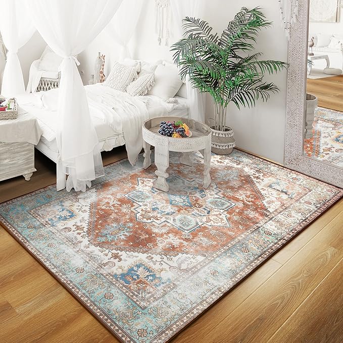 YJ.GWL Large Area Rug for Living Room, 5x7 Machine Washable Boho Rug for Bedroom, Low Pile Lightweight Thin Rugs Floral Vintage Distress Print Pattern Carpet for Dining Room, Brick
