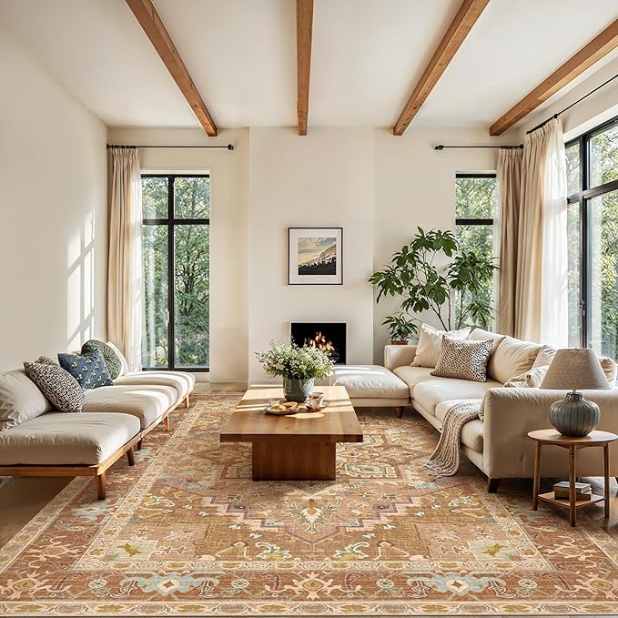 Kokia Washable Area Rugs Boho Non Slip Stain Resistant Thin Carpet Vintage Brown Printed Oriental Distressed 6x9 Rug for Living Room Bedroom Low Pile