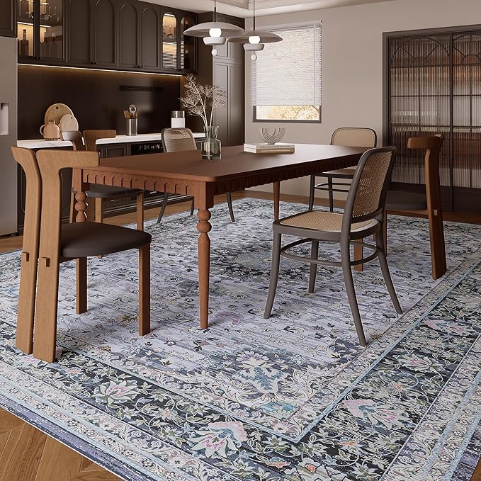 5x7 Rug, Washable Neutral Boho Modern Vintage Non Slip Floral Area Carpet, Low Pile Soft Rugs, Slip Resistance, Pet-Friendly, Durable Rug for Living Room, Bedroom, Kitchen, Dining Room