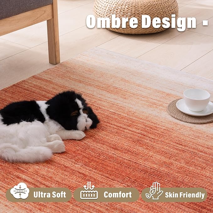 Carvapet Rugs for Living Room, Ombre Orange Low Pile Large Carpet with Rubber Backing, Foldable, Non Slip Machine Washable (10 x 8 Feet Rectangular, Orange Area Rug)