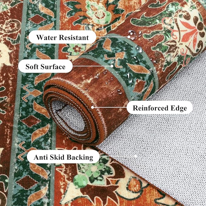 U'Artlines Boho Vintage Area Rug 9x12 ft Machine Washable Low Pile Soft Floor Carpet Non Slip Non Shedding Accent Rug for Living Room Bedroom Entryway Dining Room Office Rust＆Teal