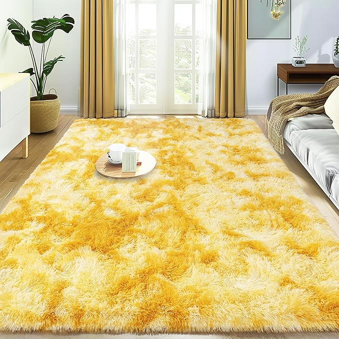 Ultra Fluffy Rug for Living Room Bedroom, 5x7 Fuzzy Large Area Rug for Living Room, Plush Soft Shag Carpet for Girl Boy Kids, Non Slip Rug Modern Indoor Home Decor Aesthetic, Tie-Dyed Yellow