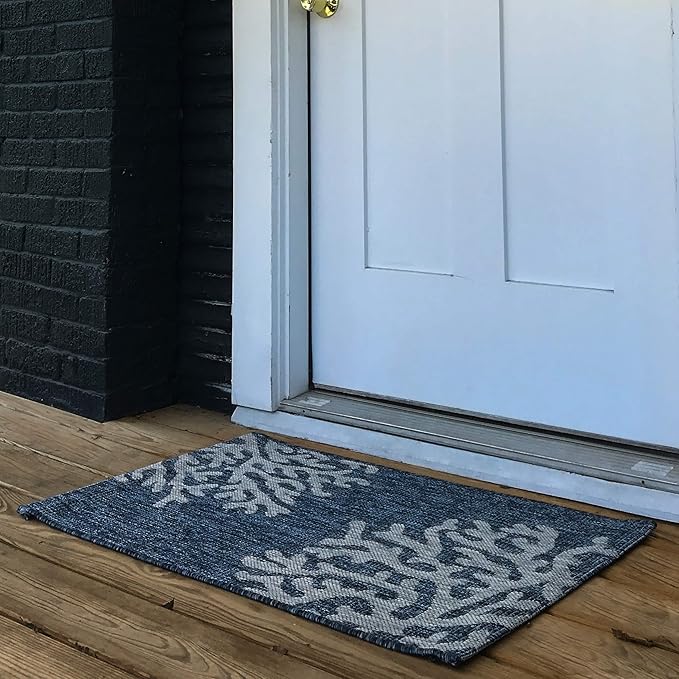 LR Home 2 x 3 Indoor/Outdoor Area Rug for Home Decor | Coastal Reef Carpet for Living Room, Bedroom, playroom, Patio, Garden | Modern Farmhouse Rug | Navy Blue/Gray
