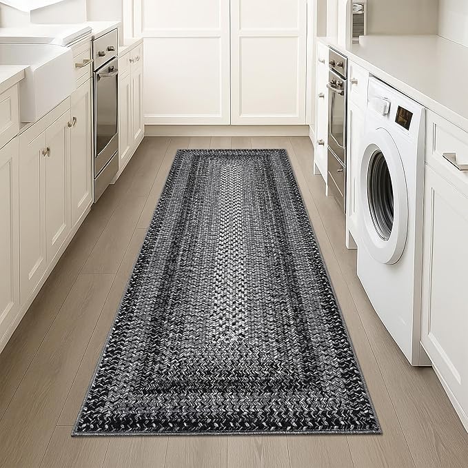 Imitation Braided Collection-Print Long Hallway Runners 2x10 Washable Area Rug, Farmhouse Rustic Bordered Area Rug Non Slip Soft Low Pile Indoor Carpet Runners for Entryways, Laundry Room