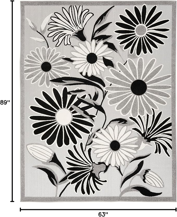 Nourison Aloha Indoor/Outdoor Black White 5'3" x 7'5" Area Rug, Easy Cleaning, Non Shedding, Bed Room, Living Room, Dining Room, Kitchen (5x7)