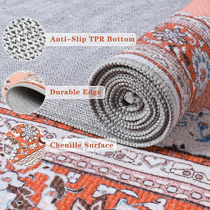 Tepook 2x6 Vintage Runner Rug - Low Pile Washable Non-Slip Carpet for Hallway, Kitchen, Bedroom, Entryway, Laundry Room, Bathroom - Indoor Throw Rug in Red