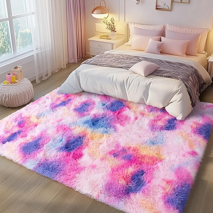 6x9 Fluffy Fuzzy Area Rug for Living Room Bedroom, Ultra Soft Large Living Room Rugs, Non Slip Thick Shag Rug for Dorm, Kids Girls Boys Rug for Home Decor Aesthetic, Dark Rainbow