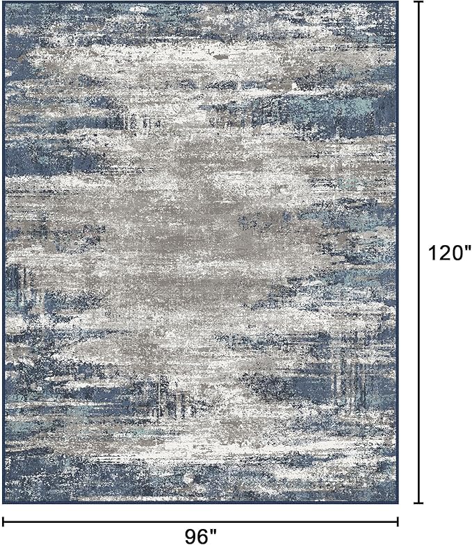 Bavni 8x10 Area Rugs, Abstract Modern Living Room Rugs, Large Machine Washable Rug Non-Slip, Soft Pet Friendly Rugs for Bedroom, Playroom, Dining Room, Indoor, Blue/Ivory