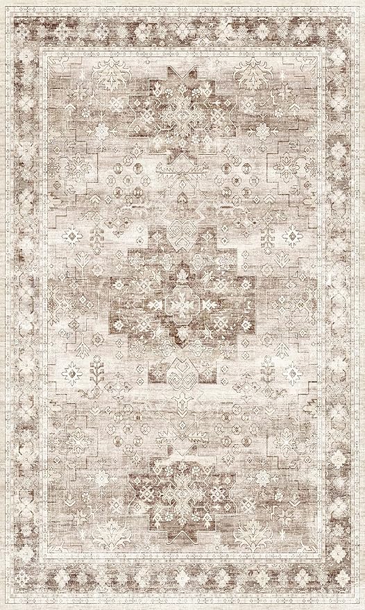 Washable Neutral Farmhouse Large Entryway Rug, 3x5 Area Rugs for Kitchen, Bedroom, Laundry Room, Nursery Room, Boho Vintage Floral Non-Slip Throw Rug Low Pile Stain Resistant (3x5 Beige/Latte)