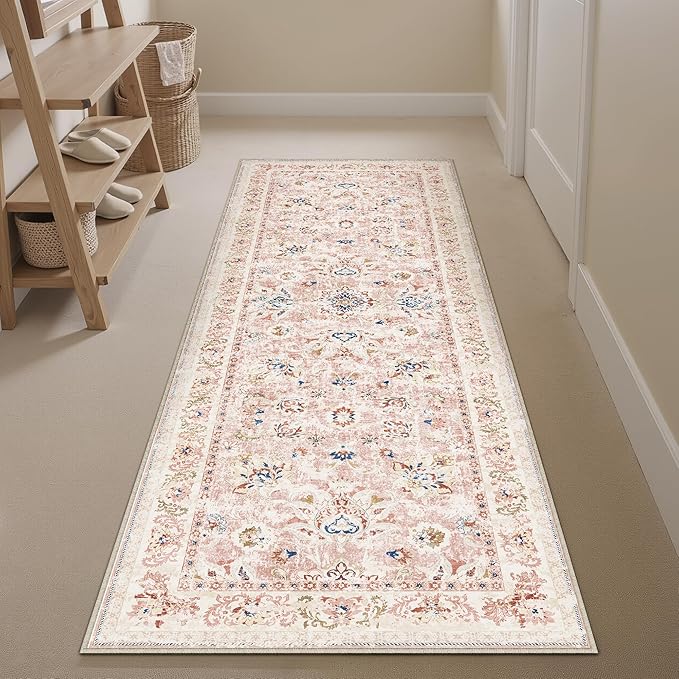 2x6 Washable Runner Rug Pink Neutral Carpet for Kitchen Hallway Floral Distressed Non-Slip Low Pile Soft Lightweight Vacuumable Throw Rug for Bathroom Bedroom Office Laundry